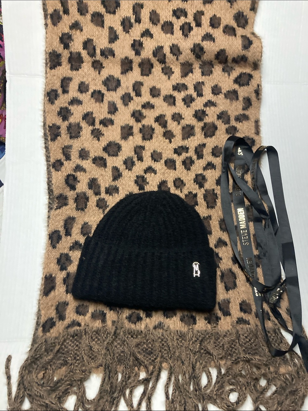 Steve Madden Black Knit Women’s Beanie with Leopard Print Scarf Set